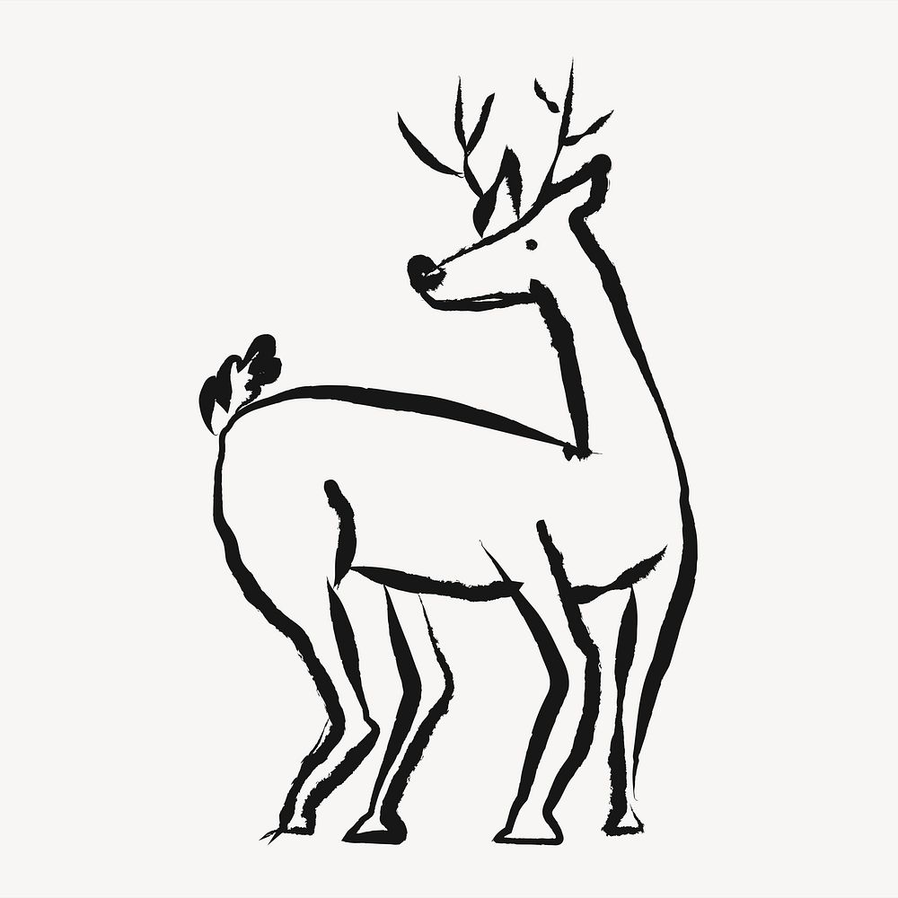 Christmas reindeer sticker, animal doodle in black vector
