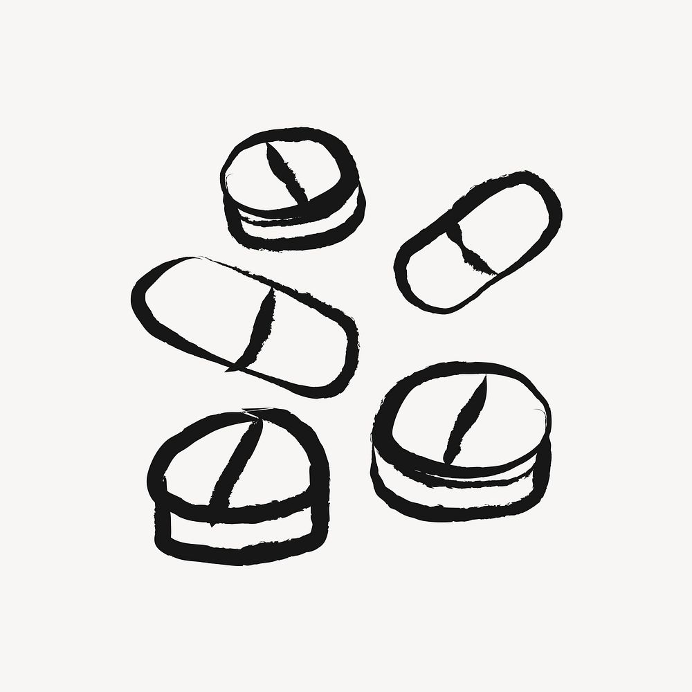 Medicine, pills, cute doodle in black