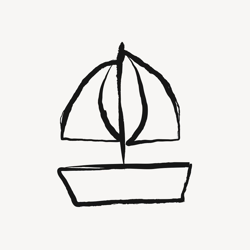 Cute sailboat sticker, doodle in black vector