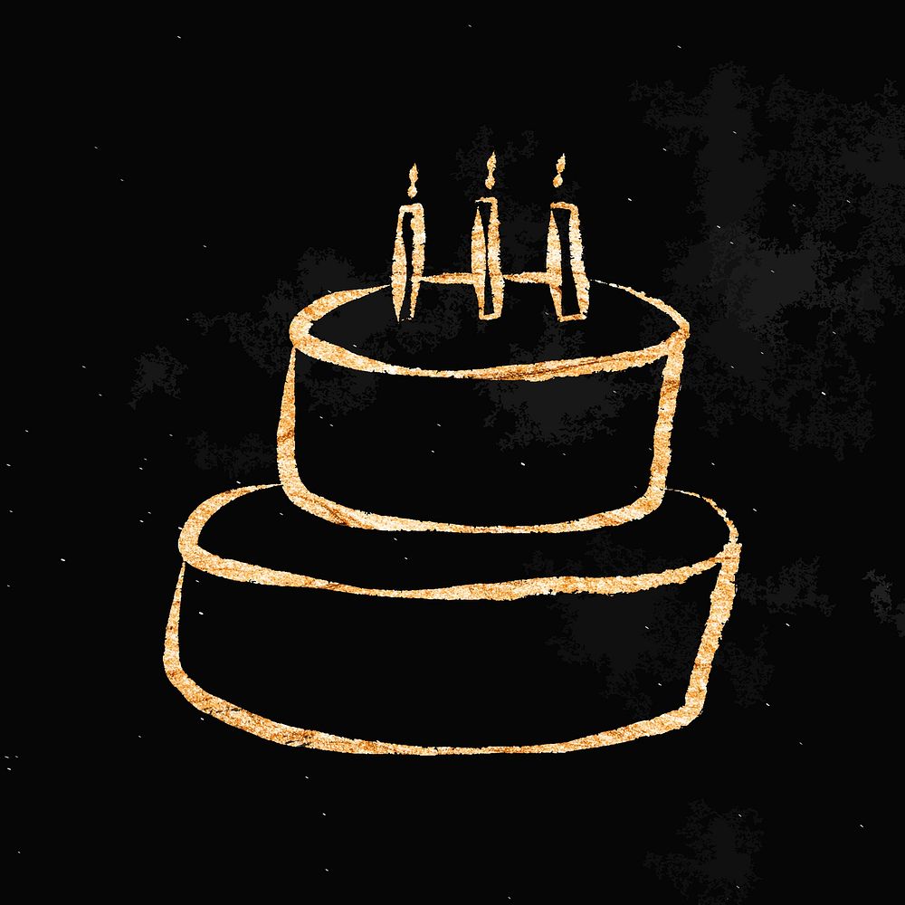 Birthday cake sticker, gold aesthetic doodle vector