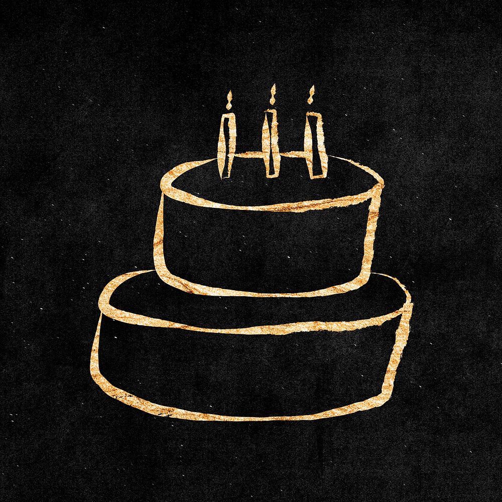 Birthday cake sticker, gold aesthetic doodle psd