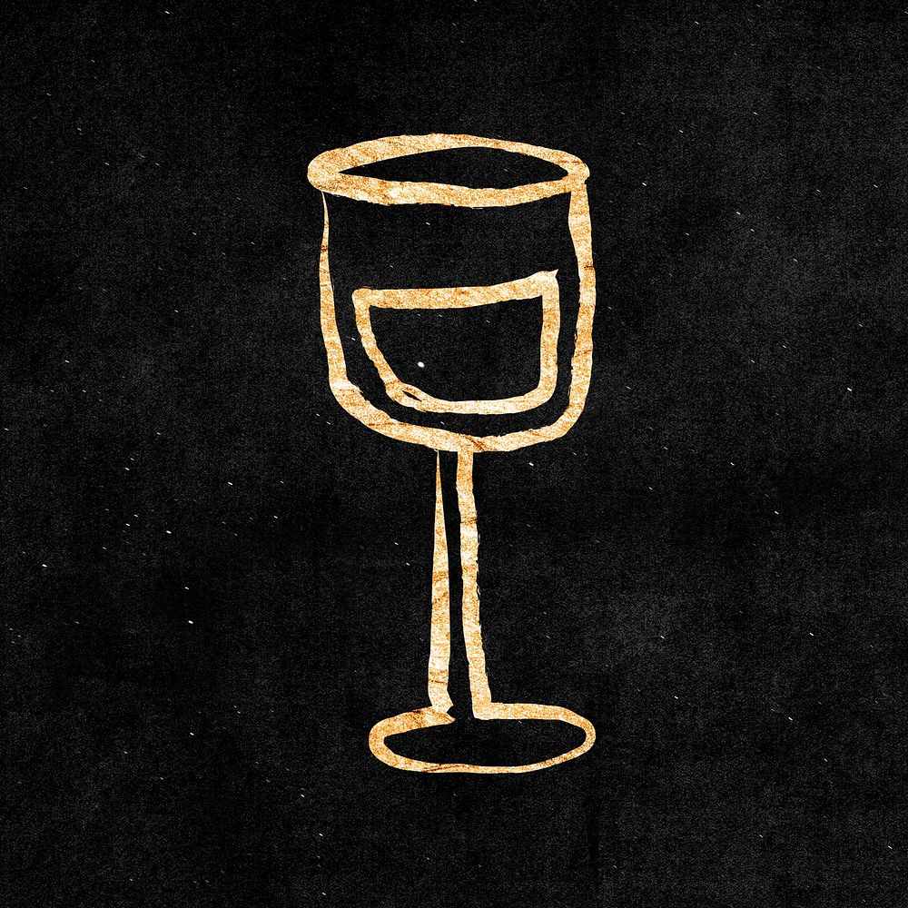 Wine glass sticker, gold aesthetic doodle psd