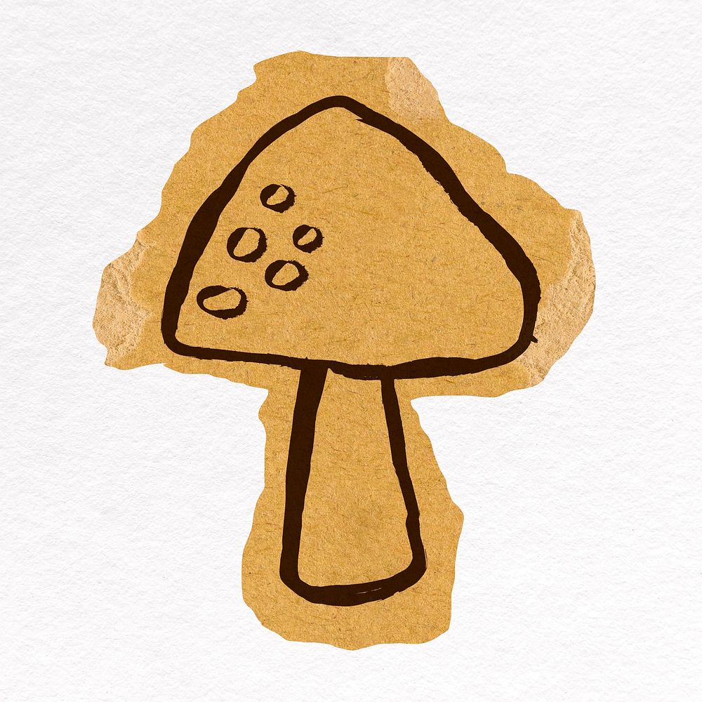 Mushroom doodle sticker, ripped paper design psd