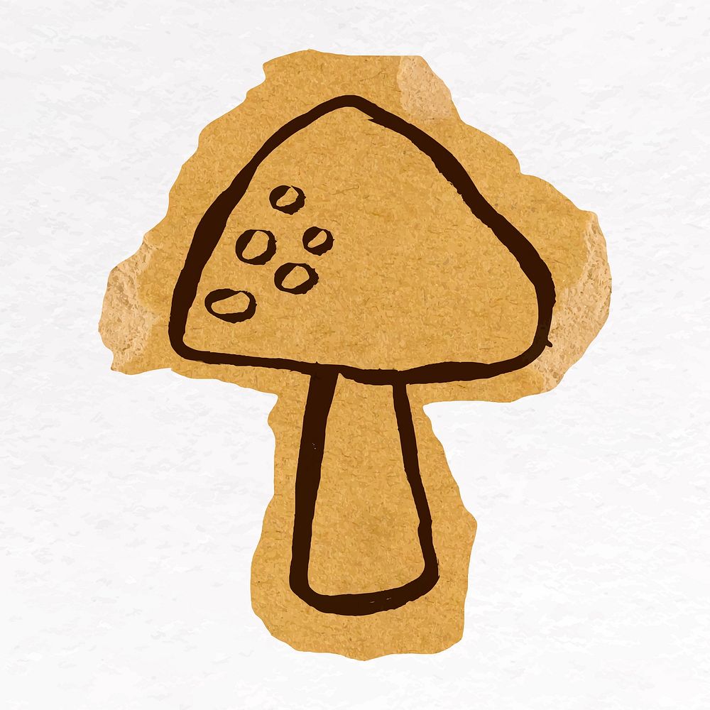Mushroom doodle sticker, ripped paper design vector