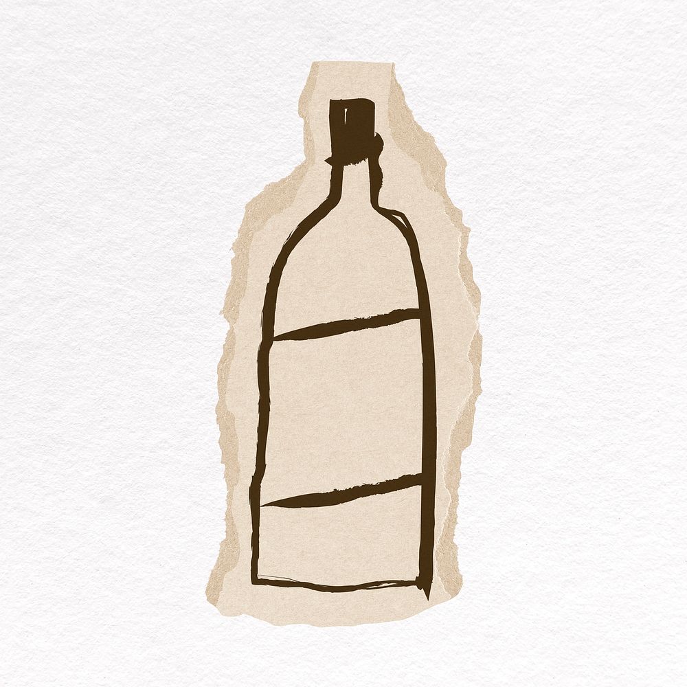 Bottle doodle sticker, ripped paper design psd