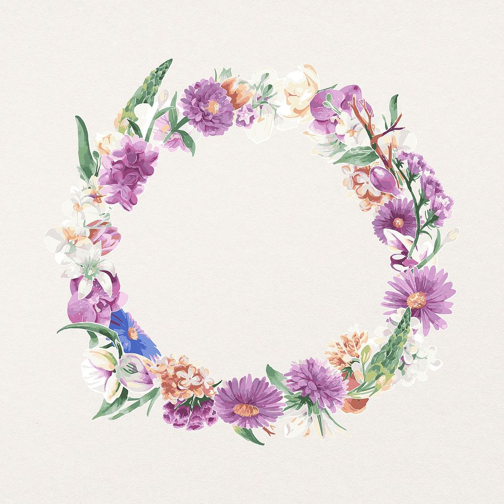 Vintage flower wreath frame background, purple watercolor illustration