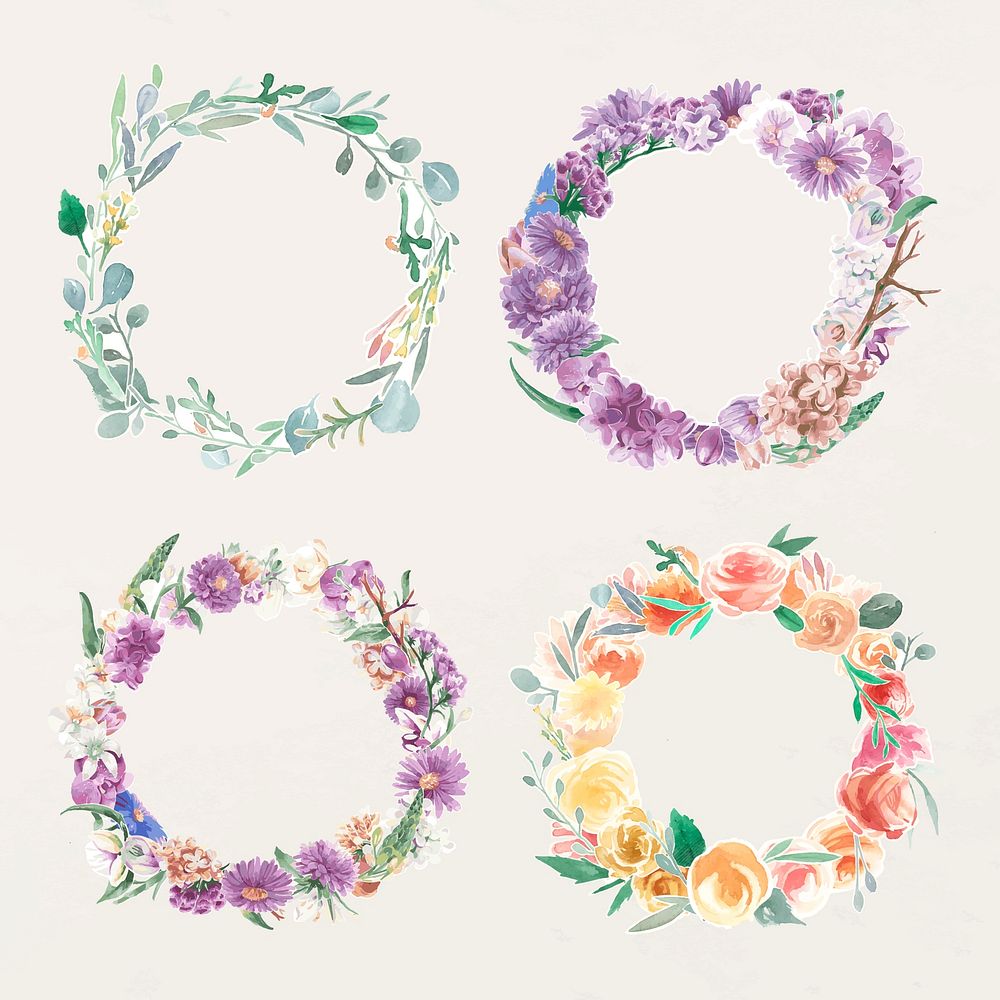 Flower garland frame, botanical illustration vector collection
