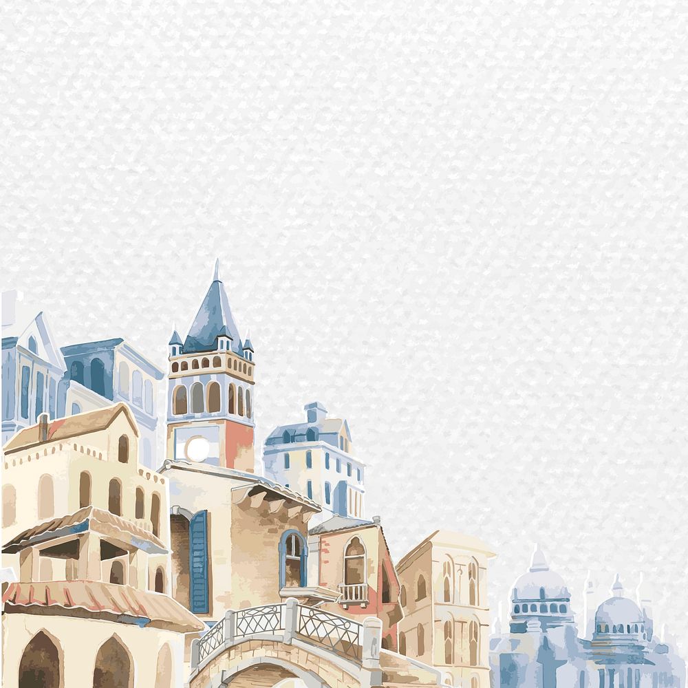 Border vector with architectural Mediterranean buildings in watercolor on white paper textured background