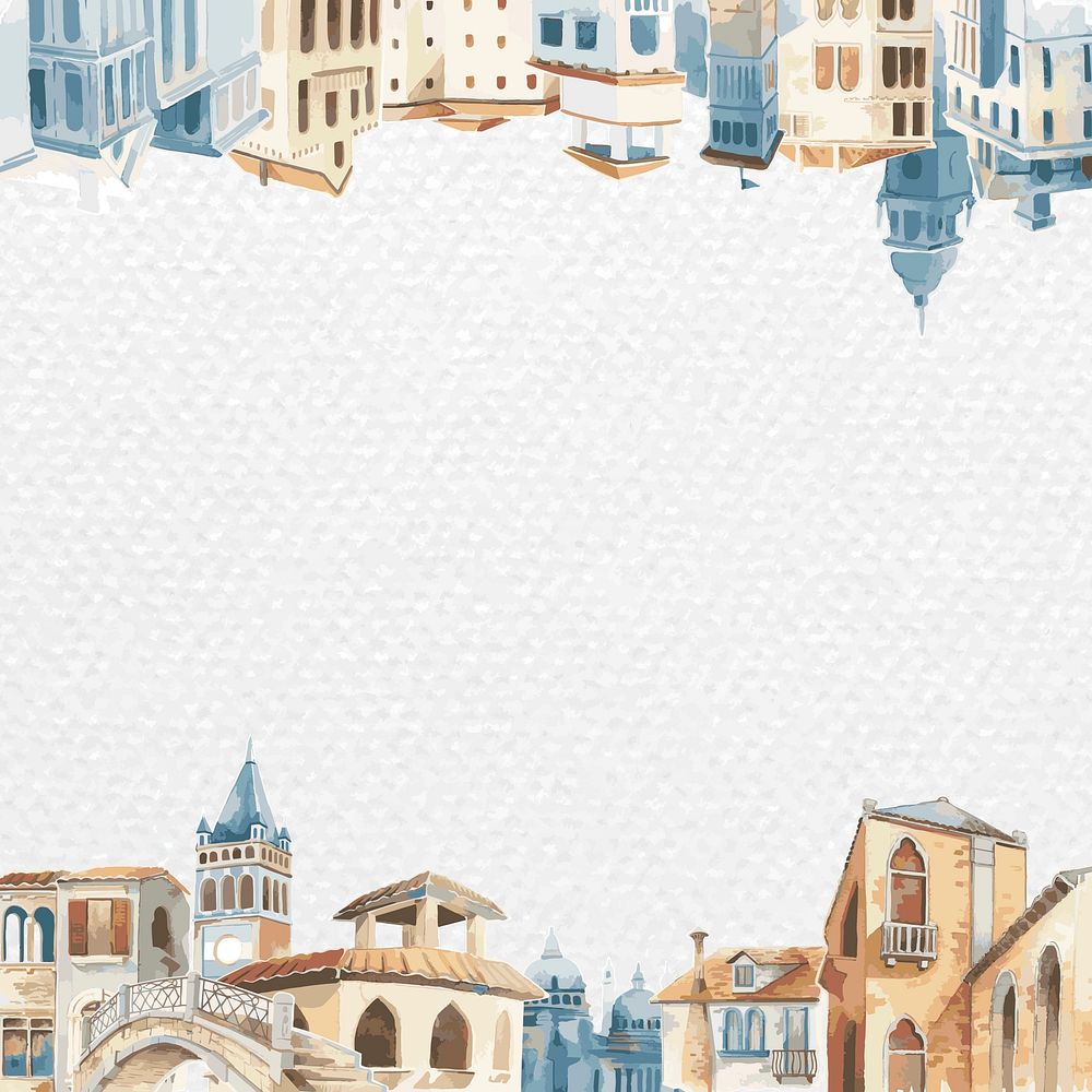 Frame vector with architectural Mediterranean buildings in watercolor on white paper textured background