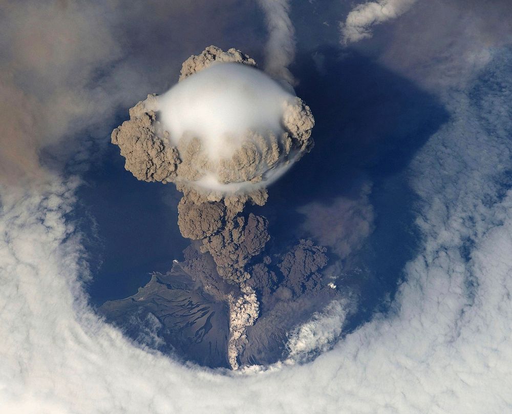 A picture of Russia's Sarychev Volcano. Original public domain image from Wikimedia Commons