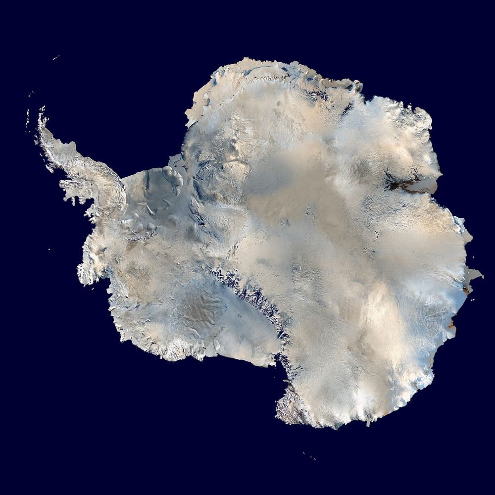 Antarctica. An orthographic projection of NASA's Blue Marble data set (1 km resolution global satellite composite). …
