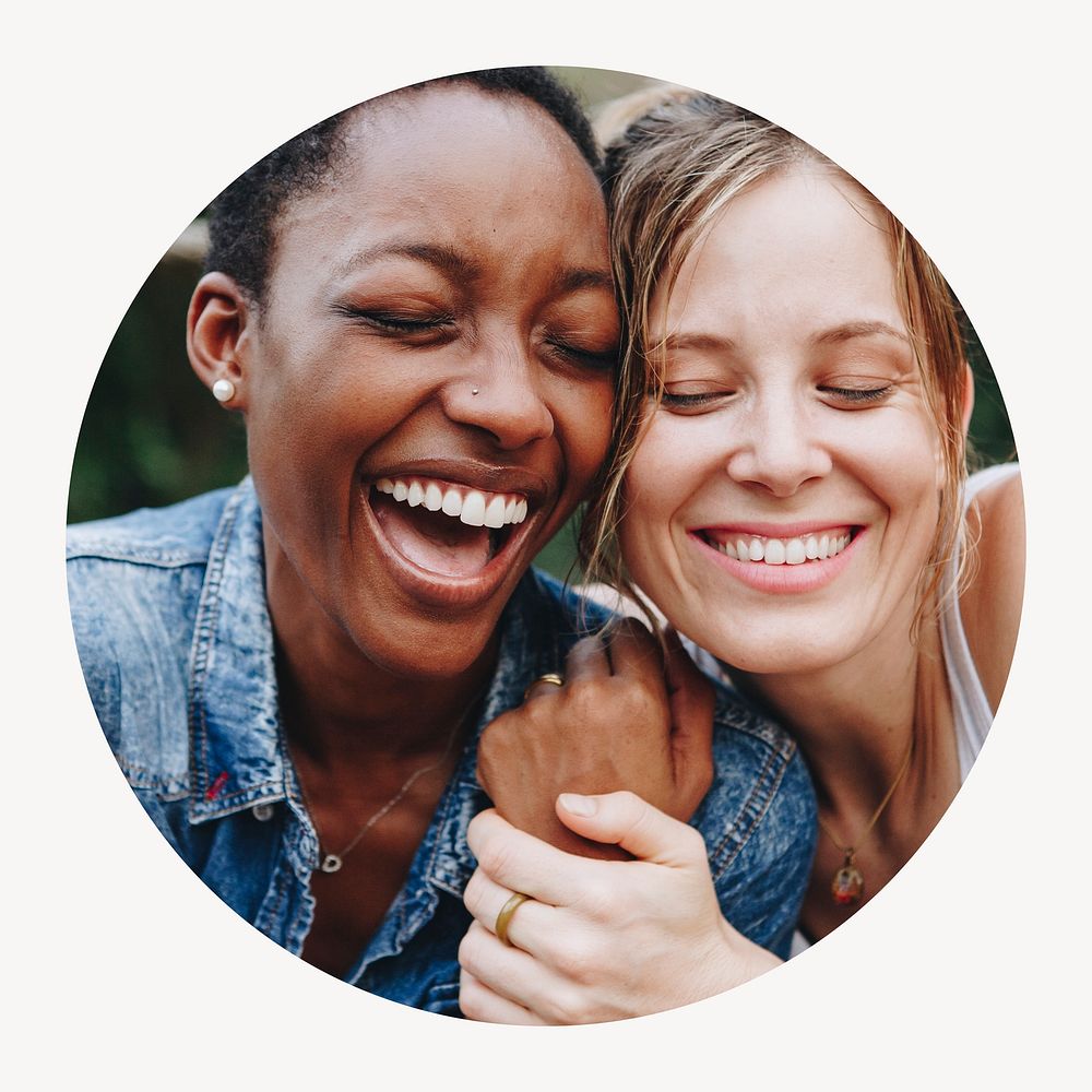 Happy lesbian couple circle shape badge, LGBTQ photo
