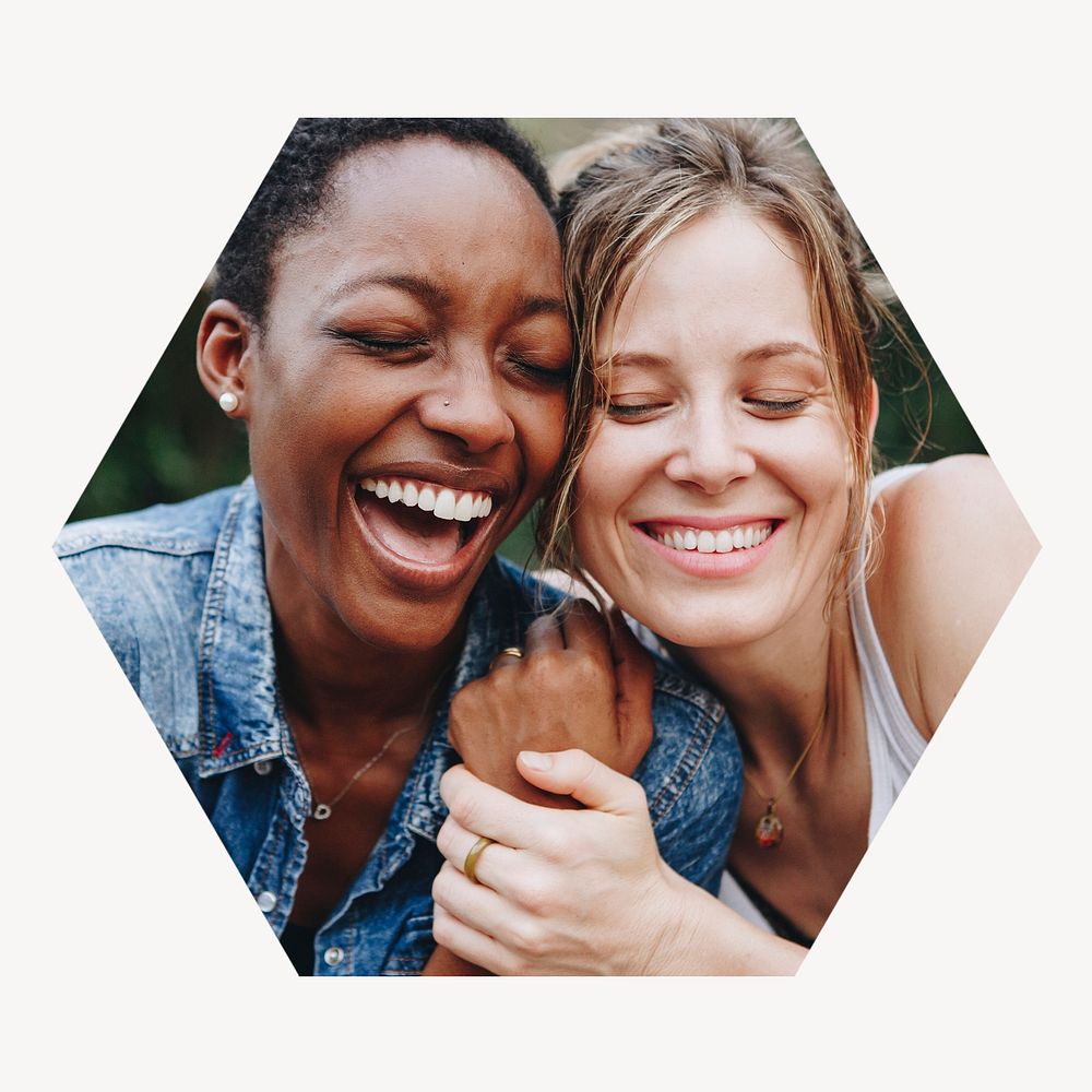 Happy lesbian couple hexagon shape badge, LGBTQ photo