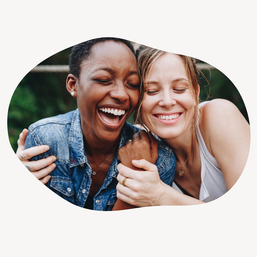Happy lesbian couple blob shape badge, LGBTQ photo