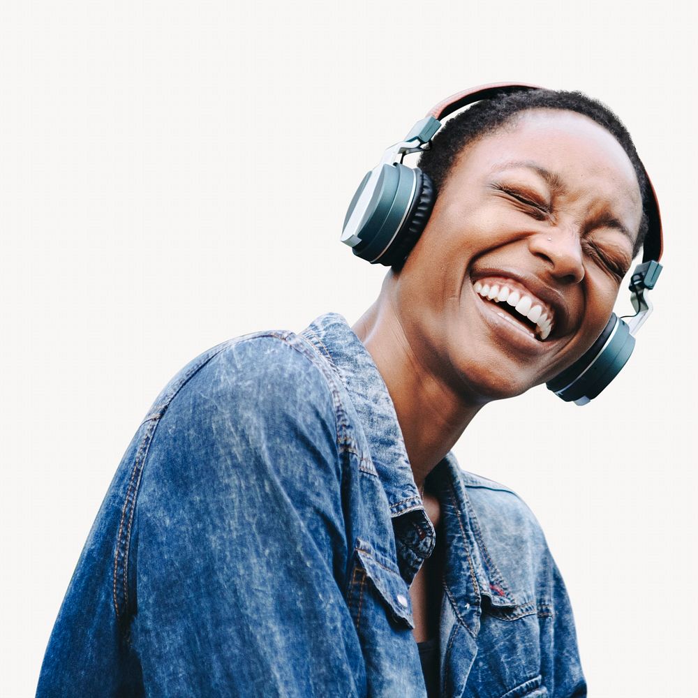 African American woman listening to music, isolated on off white