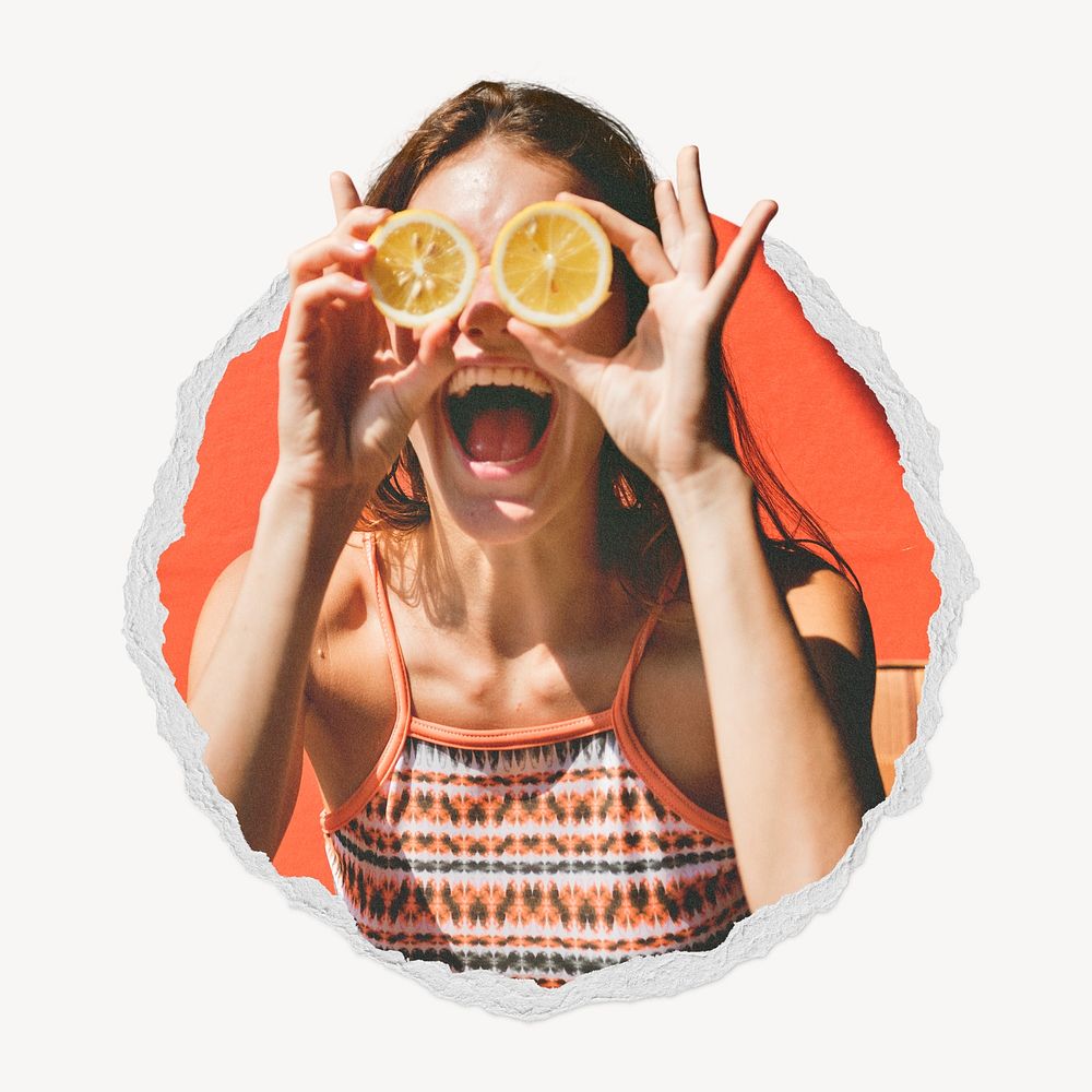 Happy woman holding oranges ripped paper badge, Summer photo
