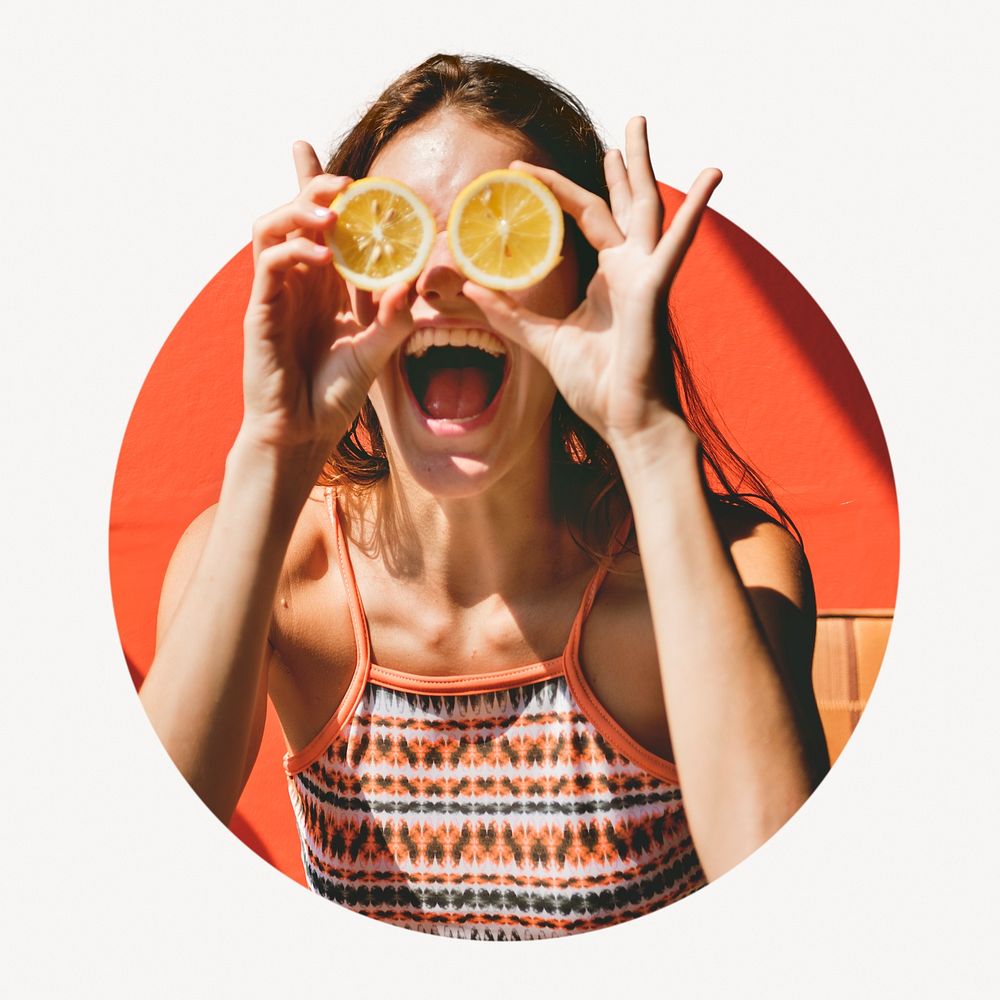Happy woman holding oranges badge, Summer photo