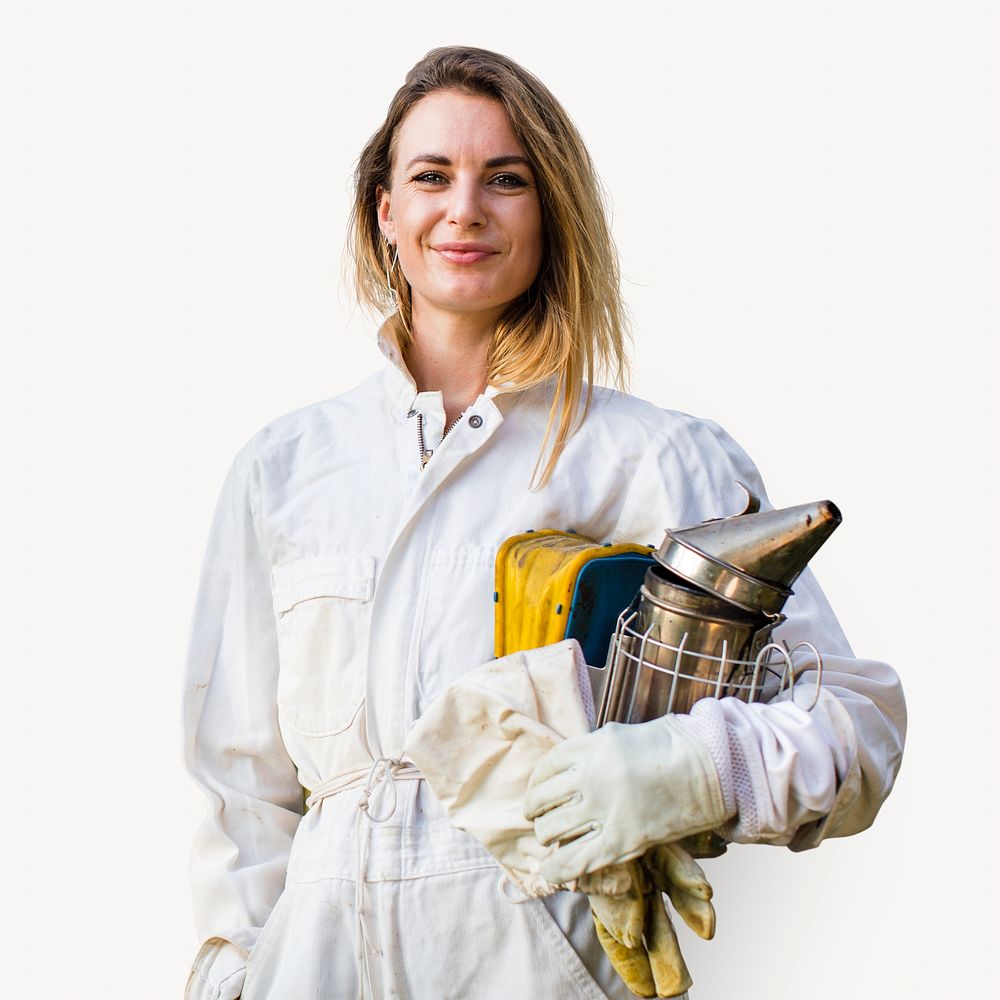Female beekeeper, isolated on off white