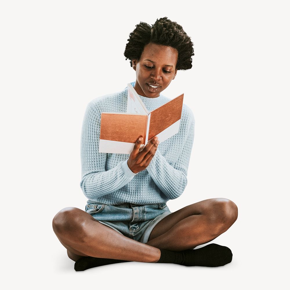 African woman reading collage element, education concept psd