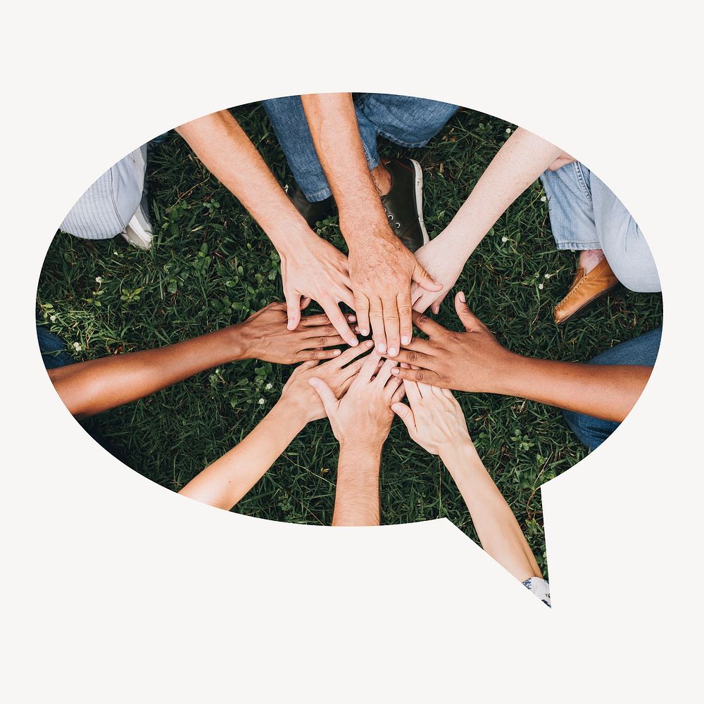 Teamwork, diverse hands speech bubble badge, community photo