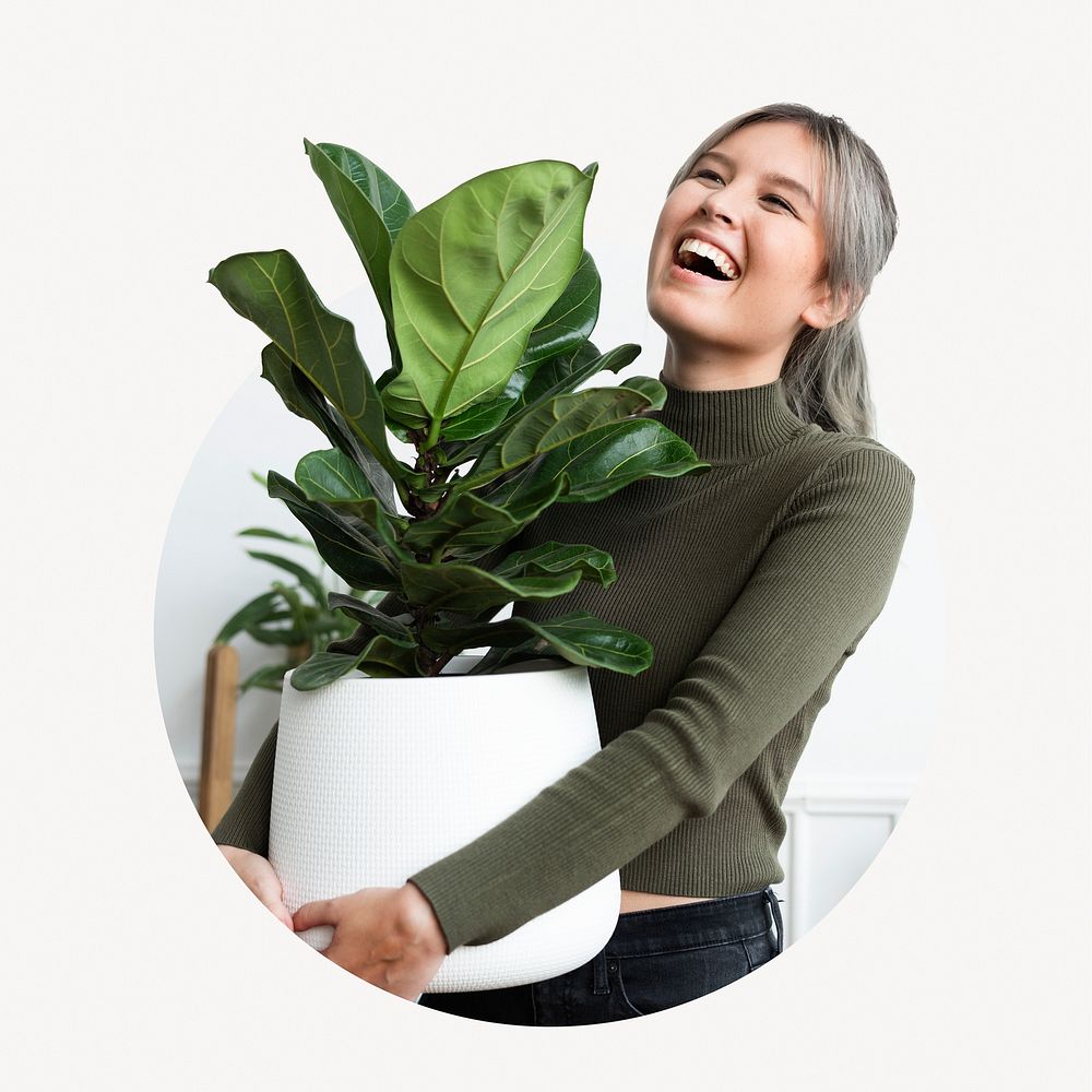 Woman holding houseplant badge, plant parenthood concept