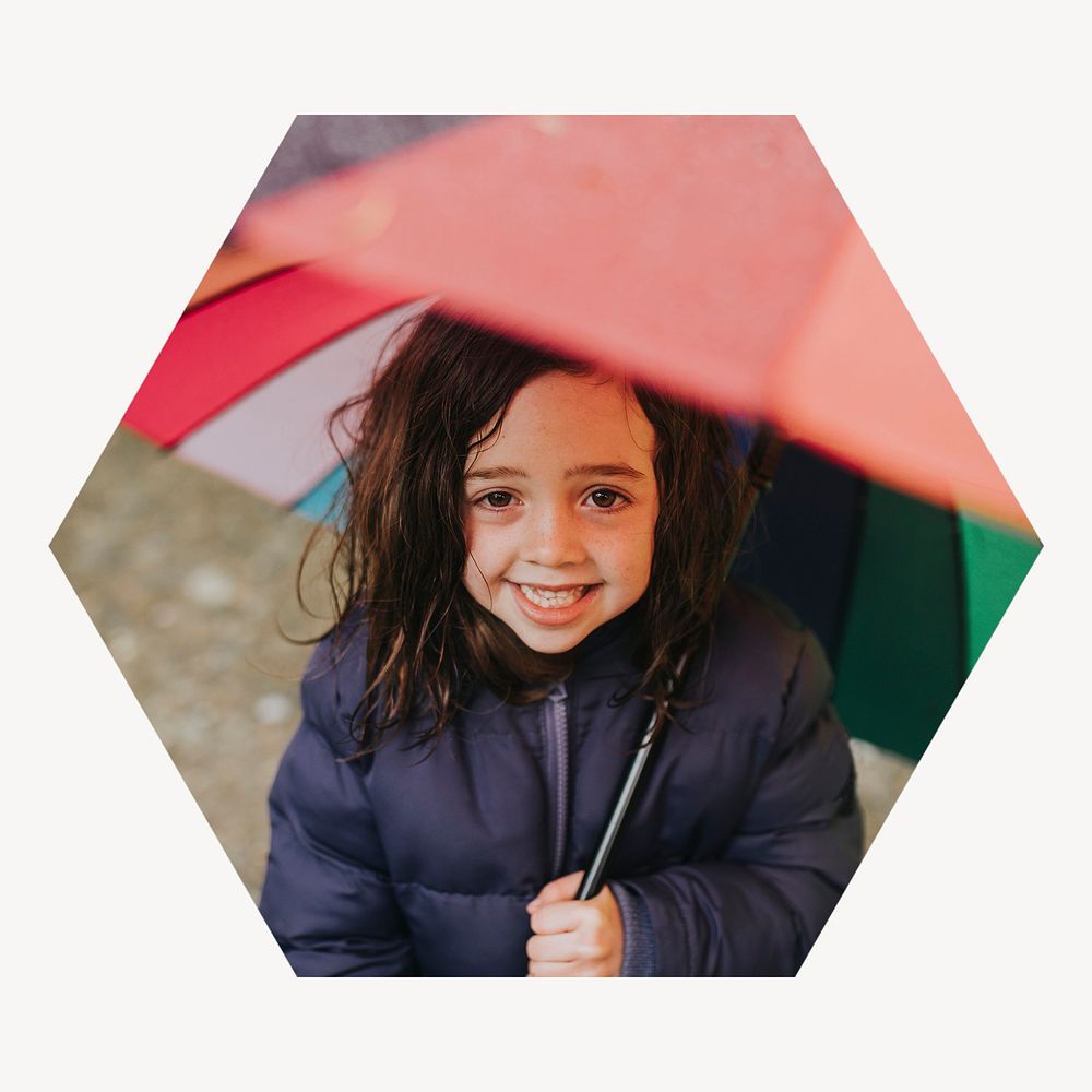 Little girl holding umbrella hexagon shape badge, rainy season photo