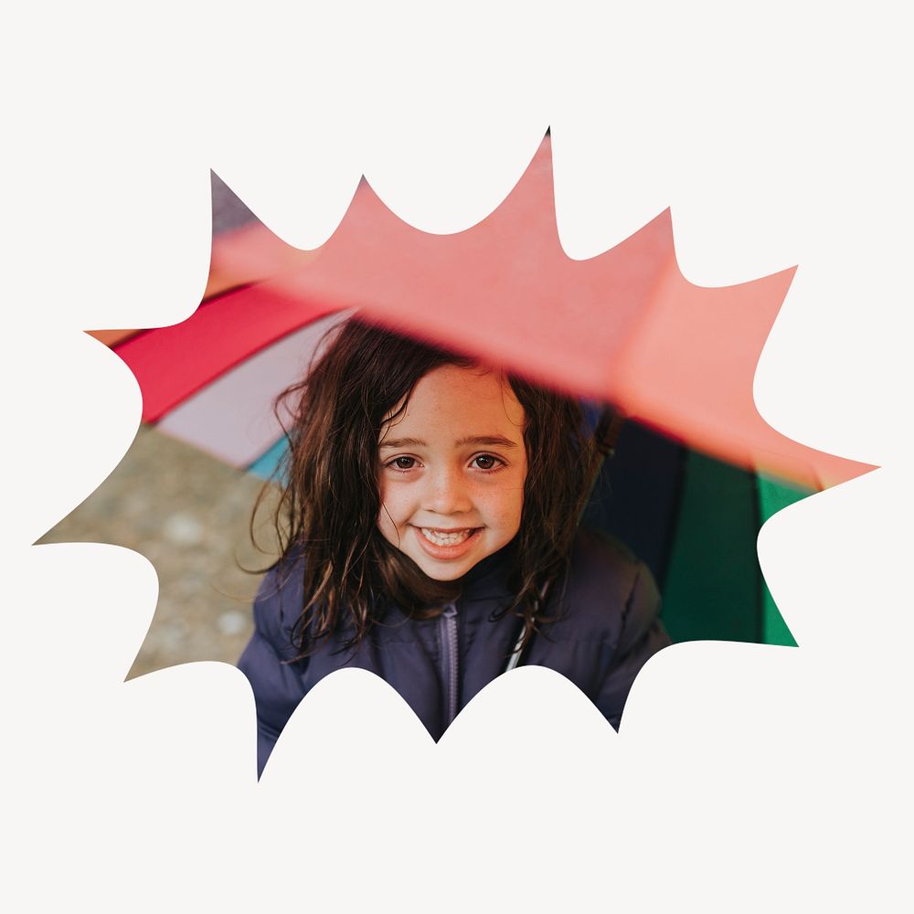 Little girl holding umbrella bang  shape badge, rainy season photo