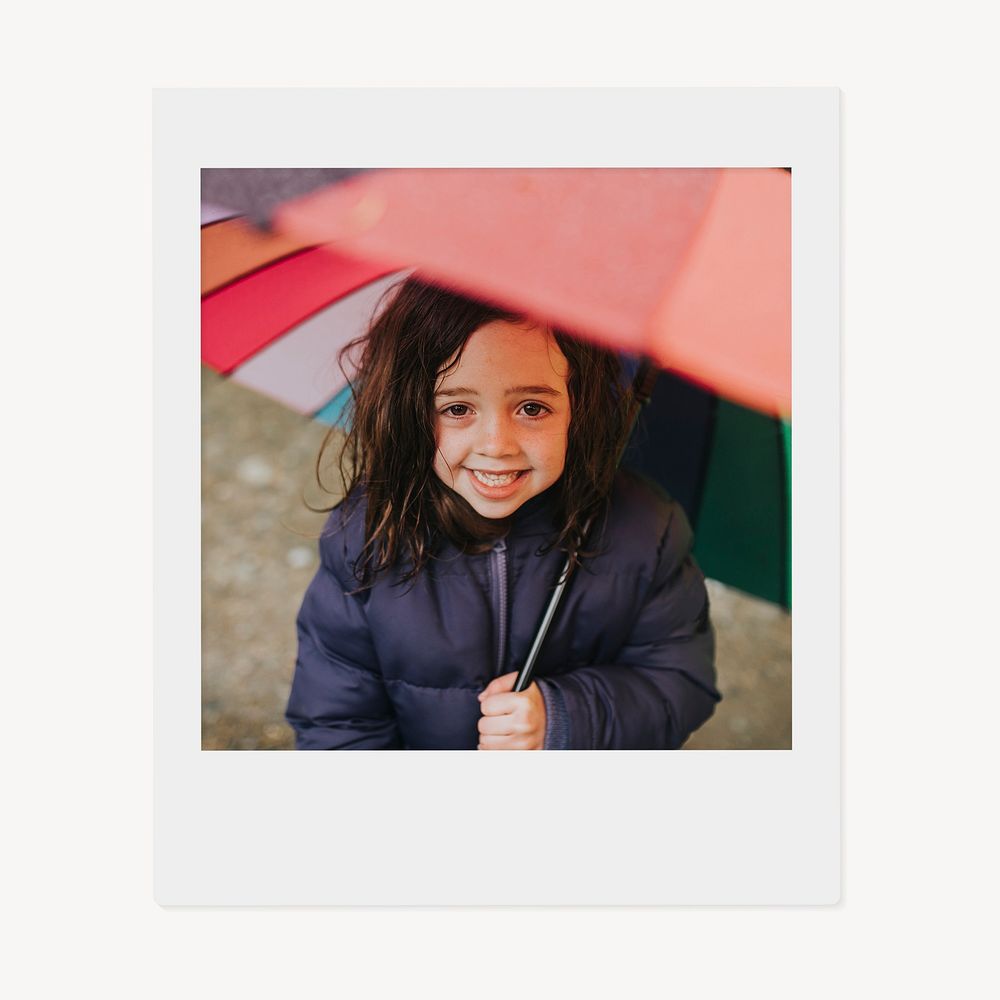 Little girl holding umbrella instant photo, rainy season image