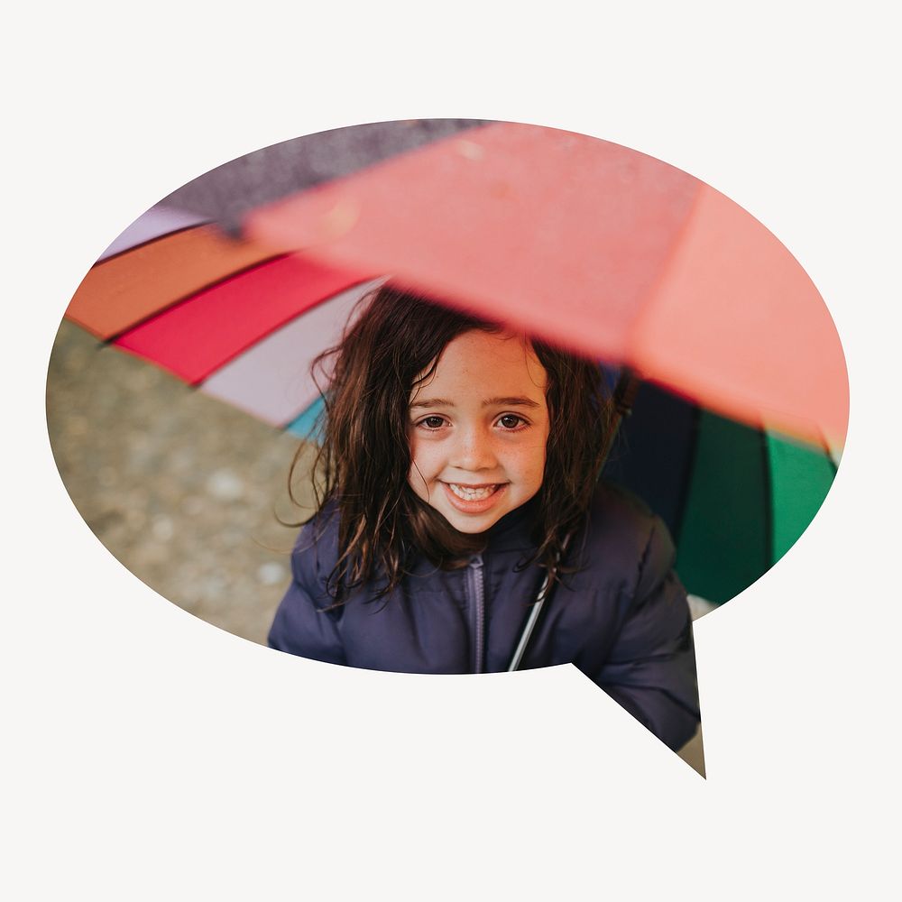 Little girl holding umbrella speech bubble badge, rainy season photo