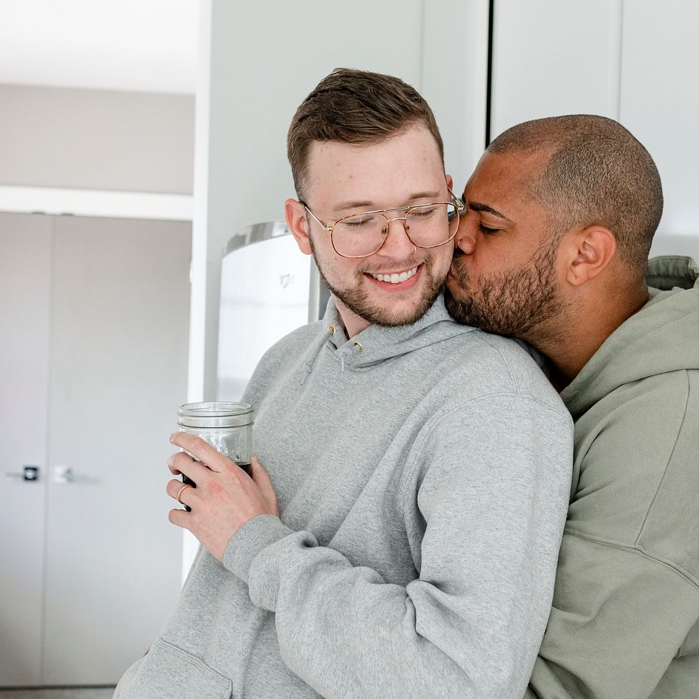 Gay couple having coffee, happy marriage HD photo