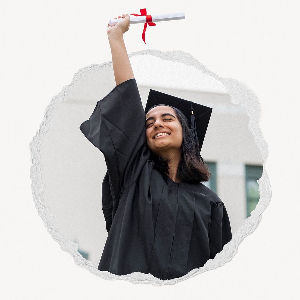 Girl in graduation gown ripped paper badge, education photo