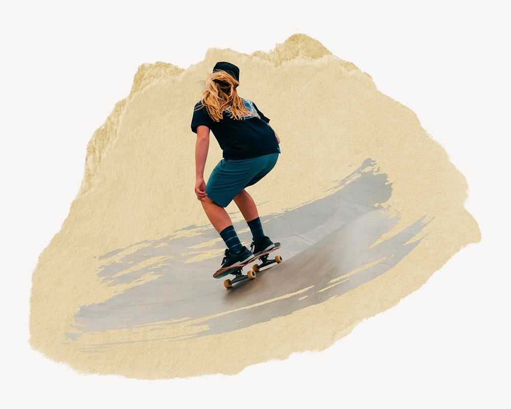 Woman skateboarding, ripped paper collage element