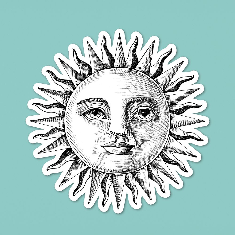 Hand drawn sun with a face sticker with a white border