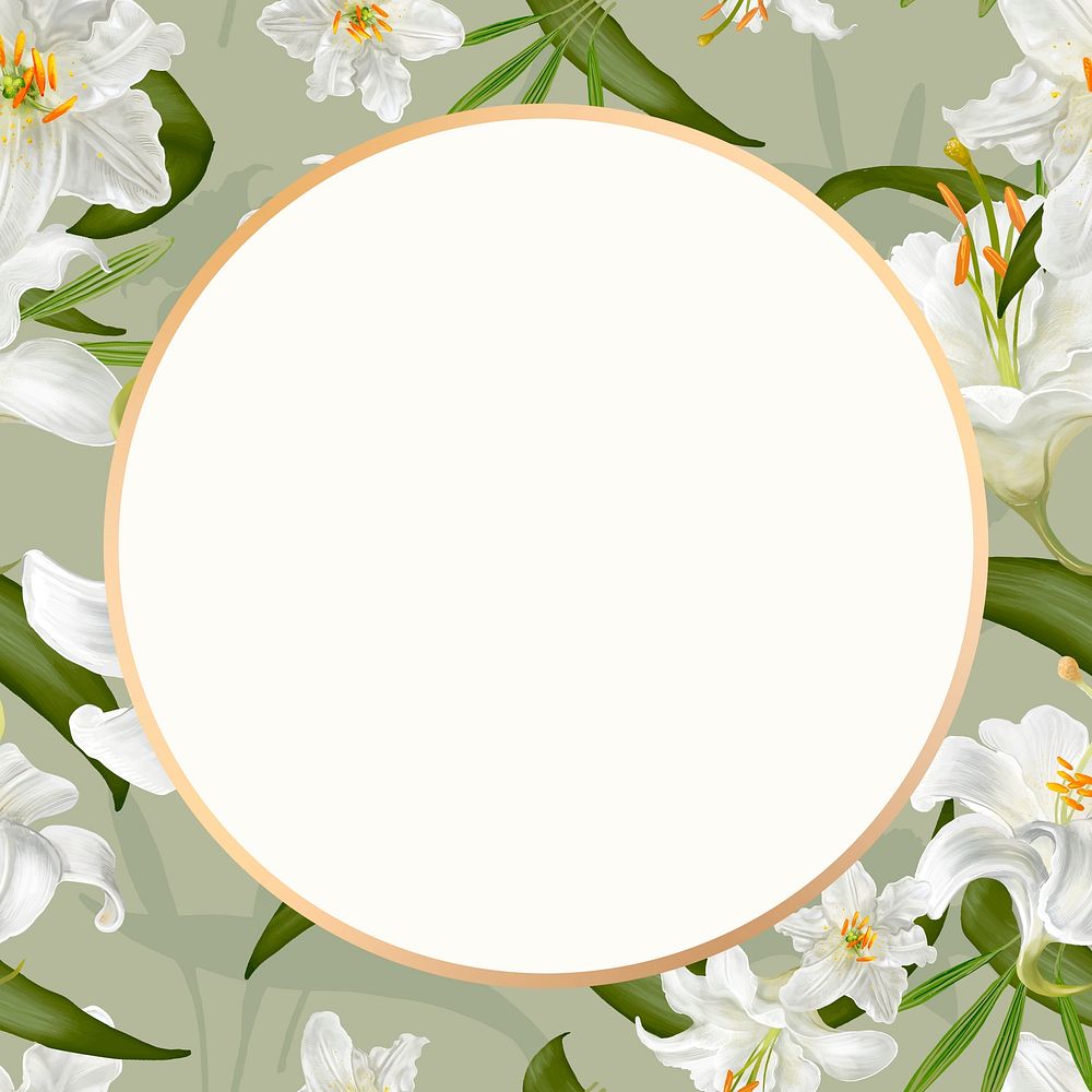 Gold round white lily flower frame design resource