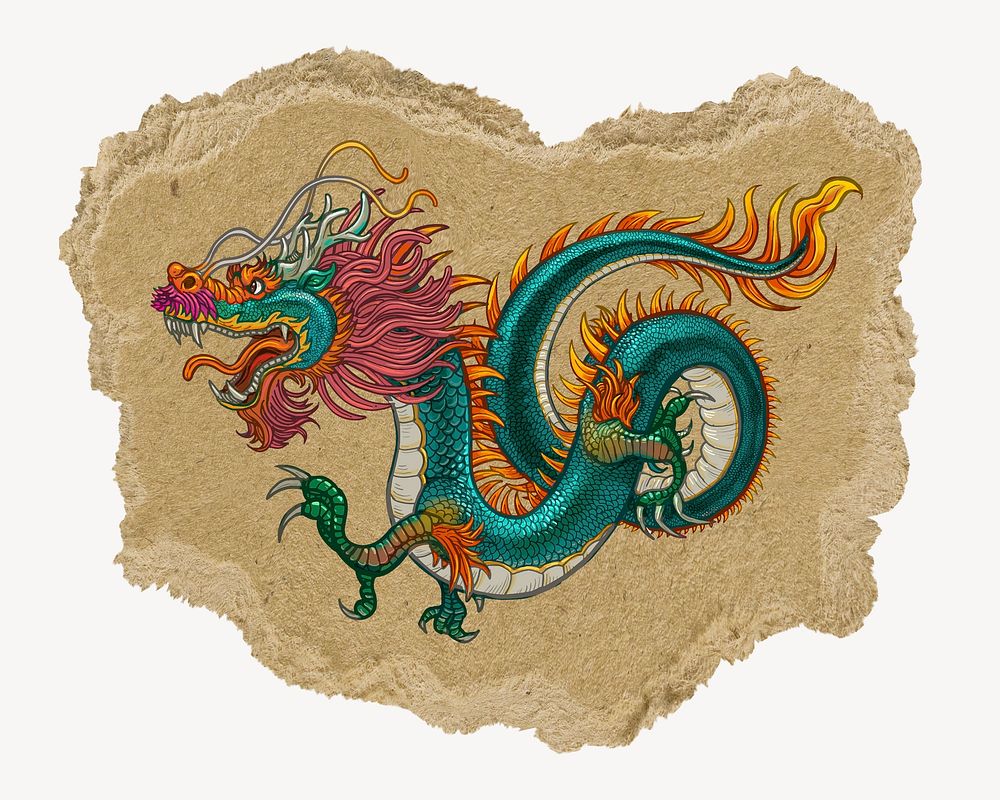 Chinese dragon, ripped paper collage element