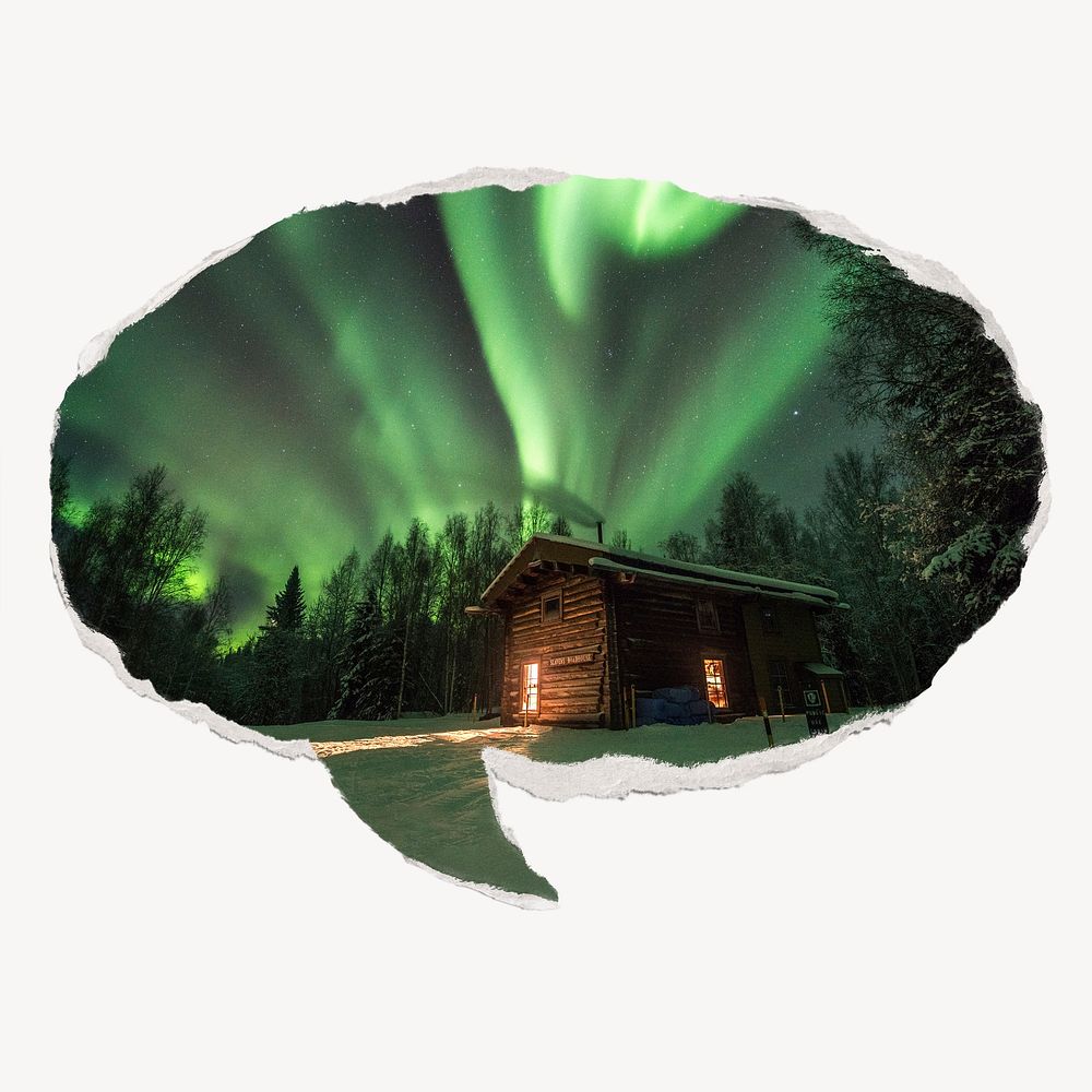 Northern lights on ripped paper, speech bubble nature image
