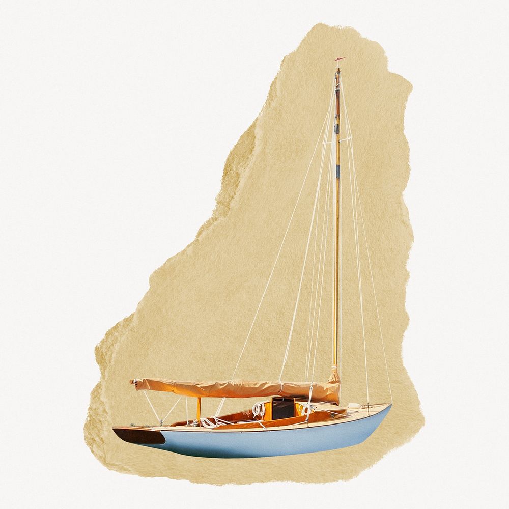 Ripped paper sail boat, Summer collage element