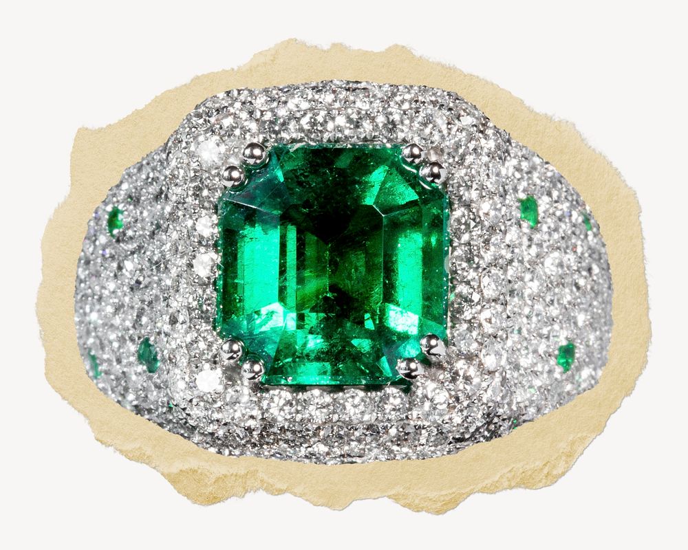 Emerald diamond ring ripped paper, luxurious jewelry