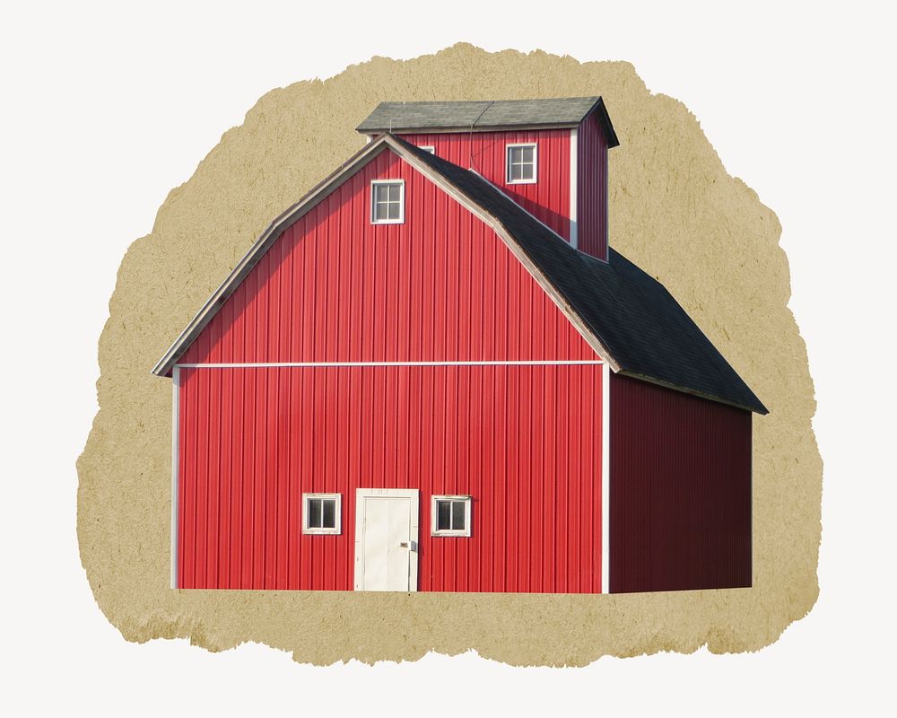 Red barn, ripped paper collage element