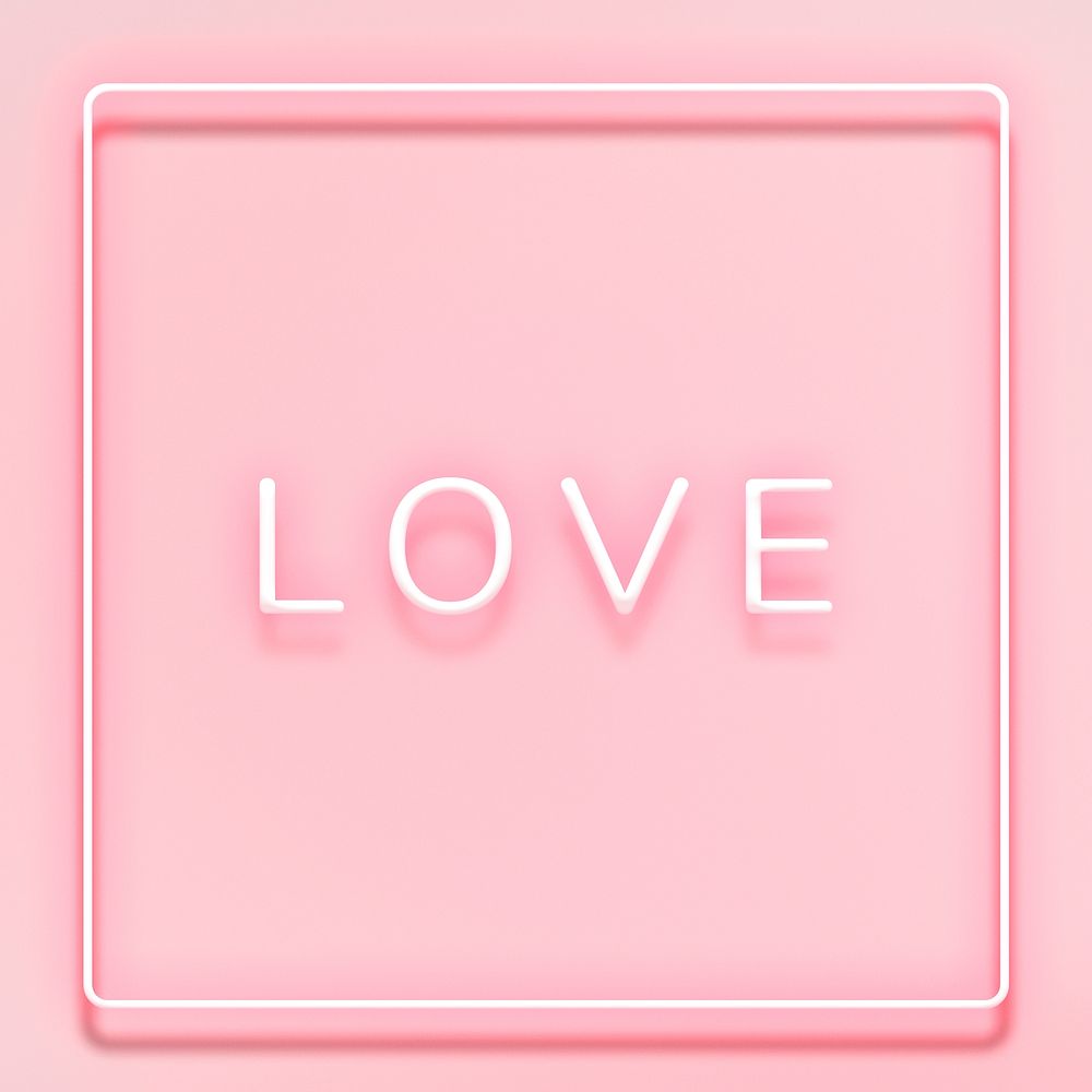 Glowing LOVE neon typography on a pink background