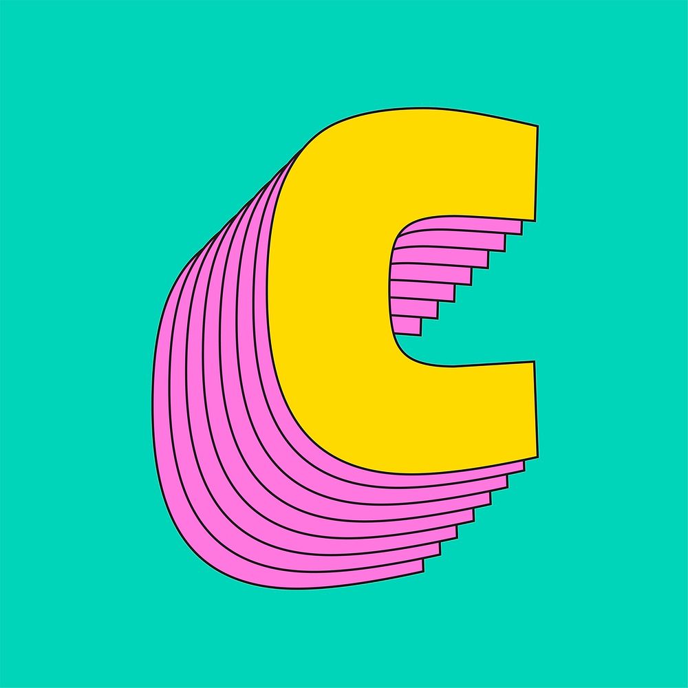 Layered lowercase letter c vector retro typeface
