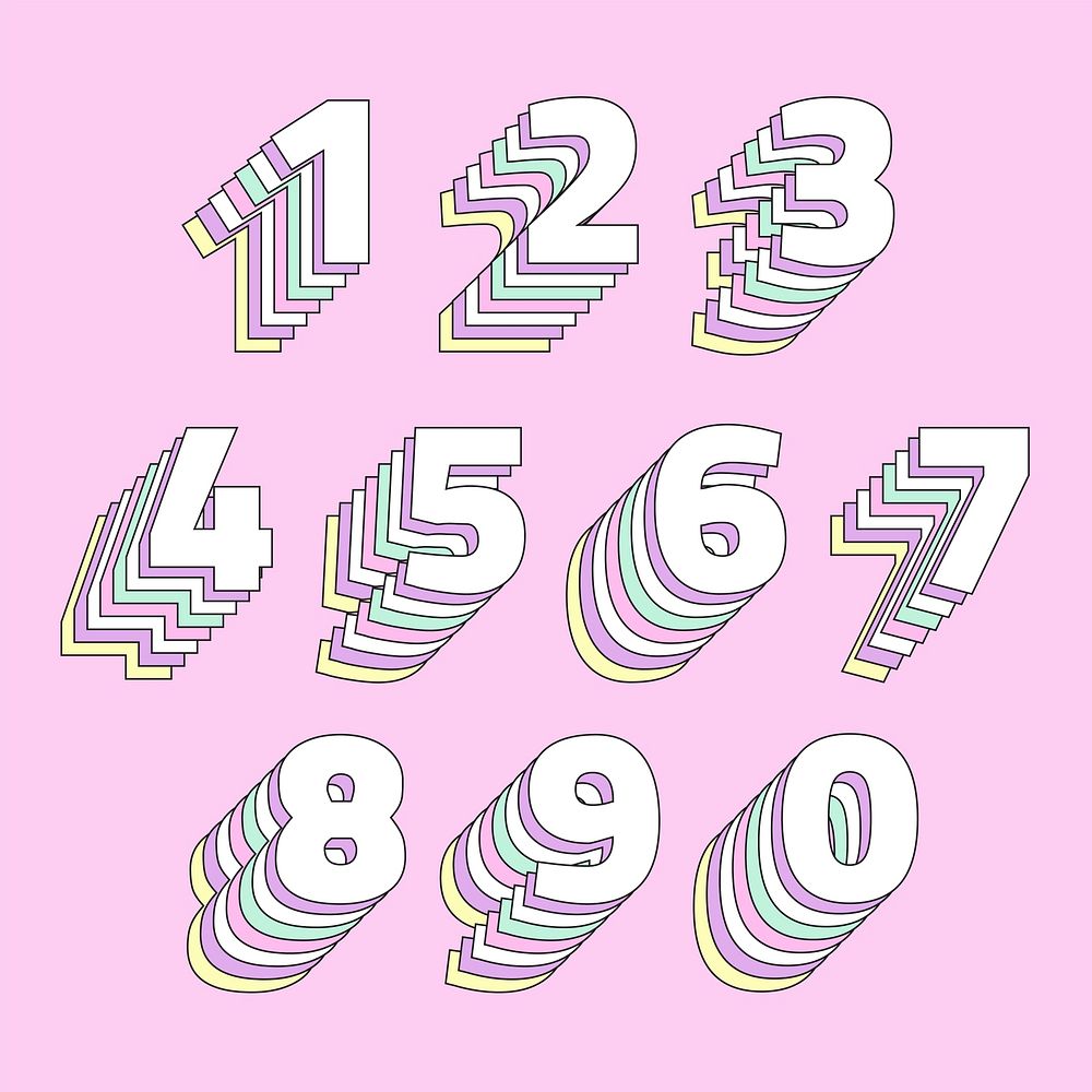 Layered pastel number set vector stylized typography