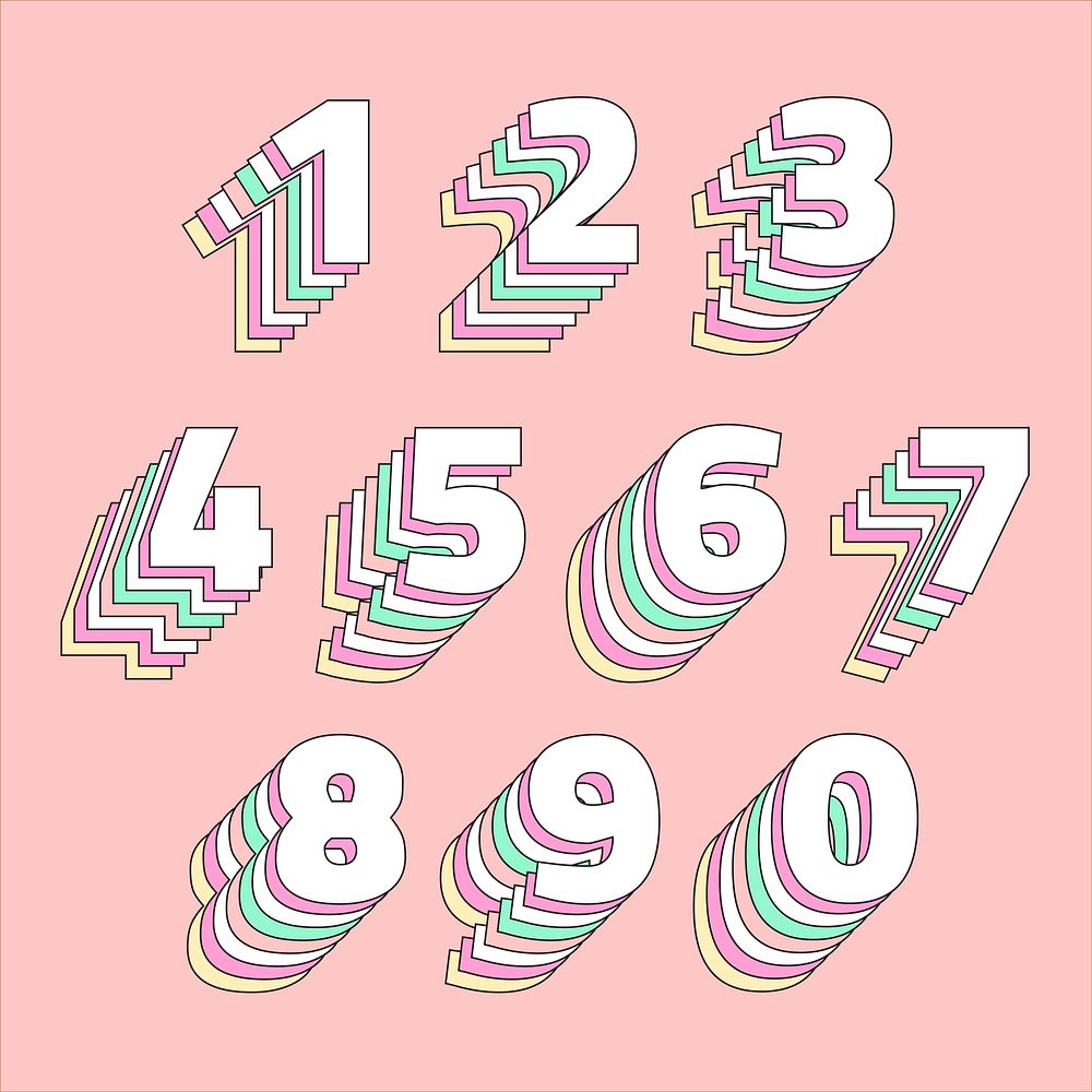 Layered pastel number set vector stylized typography