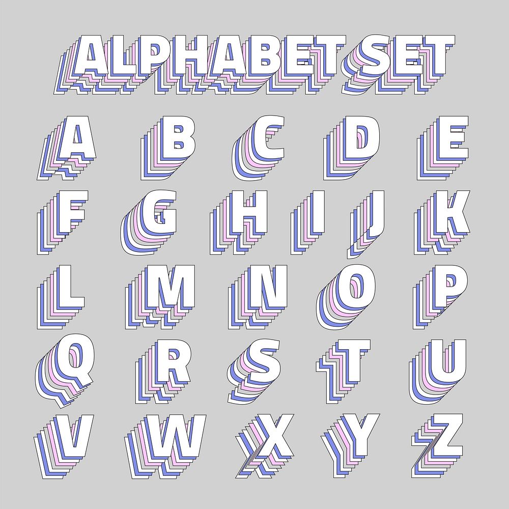 Retro layered pastel alphabet vector set
