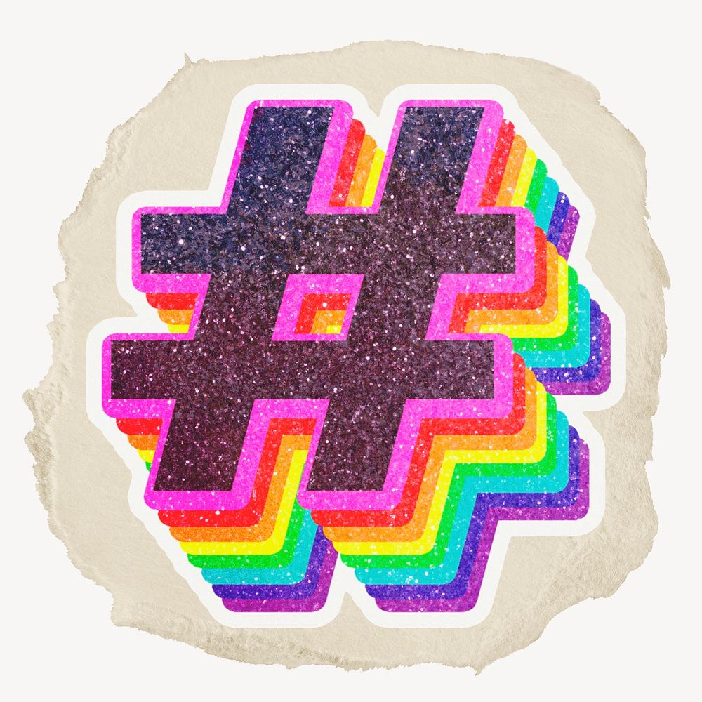 Rainbow hashtag, ripped paper collage element