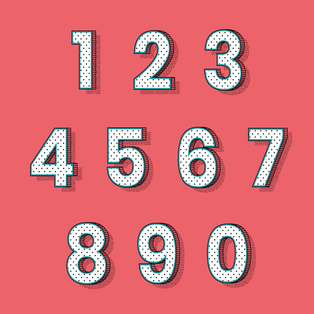 Isometric halftone font numbers 1-9 on red