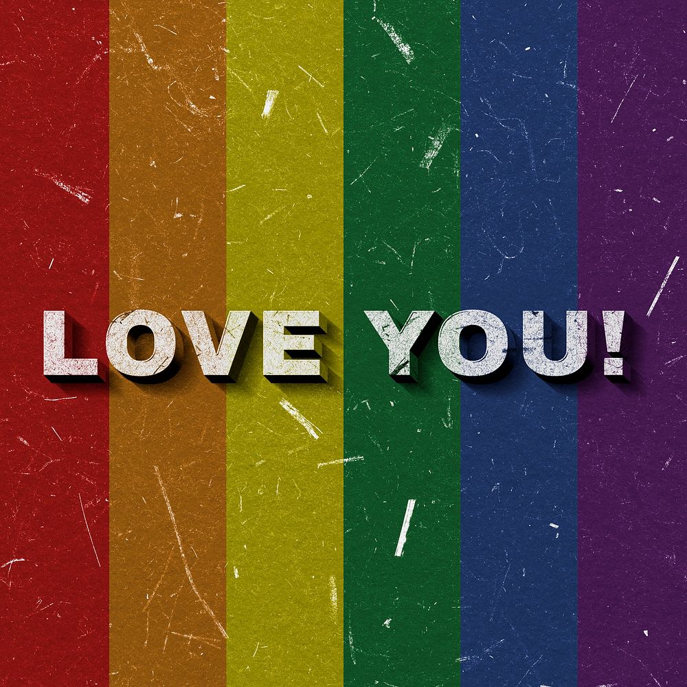 Vintage rainbow Love You! 3D paper font quote