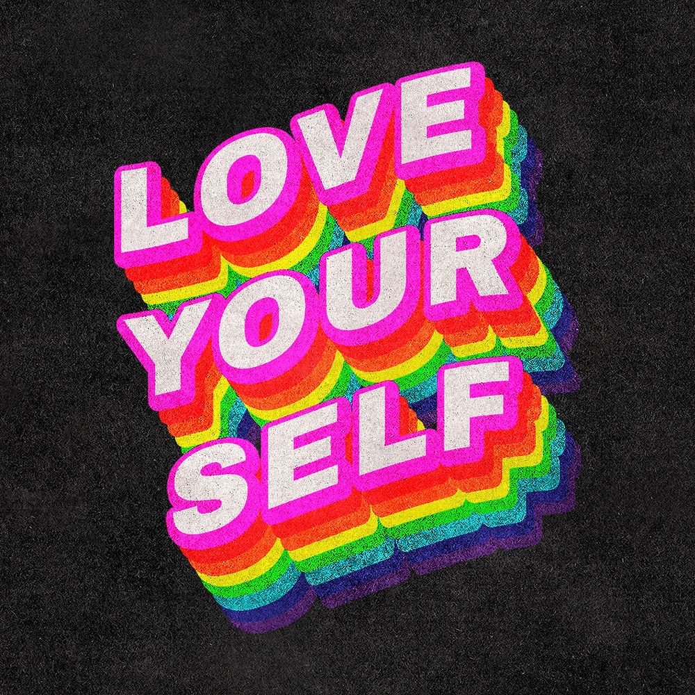 LOVE YOURSELF rainbow word typography on black background