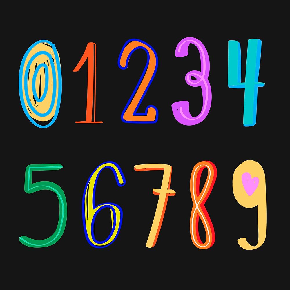Numbers vector doodle typography font style colorful set