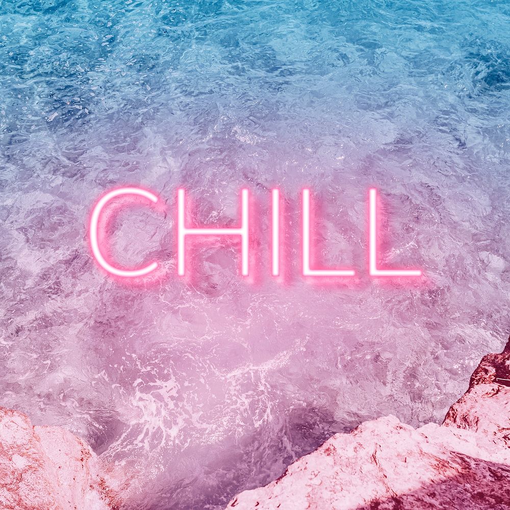 Chill text glowing neon typography sea wave texture